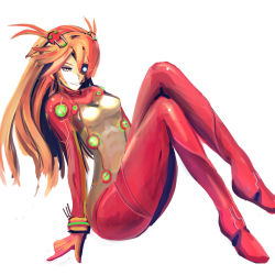 Rule 34 | 1girl, aqua eyes, ass, blue eyes, bodysuit, breasts, curvy, eyepatch, from side, full body, gloves, glowing, glowing eye, hair ornament, hairclip, hairpods, highres, interface headset, iwanishi, knees up, light smile, long hair, looking at viewer, neon genesis evangelion, no lineart, orange hair, pilot suit, plugsuit, rebuild of evangelion, red bodysuit, see-through, see-through bodysuit, shiny clothes, simple background, sitting, small breasts, smile, solo, souryuu asuka langley, test plugsuit, turtleneck, two side up, very long hair, white background, wide hips