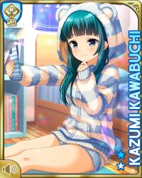 Rule 34 | 1girl, aqua hair, bedroom, card (medium), character name, closed mouth, girlfriend (kari), grey eyes, hood, hood up, hoodie, indoors, kawabuchi kazumi, mobile phone, night, official art, qp:flapper, ribbon, shorts, sitting, smile, solo, striped clothes, striped hoodie, striped shorts, tagme, twintails