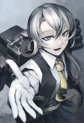 Rule 34 | 10s, 1girl, asymmetrical hair, collared shirt, gloves, grey skirt, hetza (hellshock), kantai collection, looking at viewer, machinery, necktie, nowaki (kancolle), open clothes, open vest, outstretched hand, pleated skirt, school uniform, shirt, short hair, silver hair, skirt, smile, solo, swept bangs, tie clip, vest, white gloves, yellow necktie