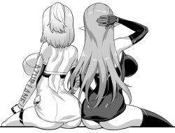 Rule 34 | 2girls, arm behind head, armpits, ass, azur lane, back, back cutout, bare shoulders, breasts, clothing cutout, duke of york (azur lane), duke of york (prestige of the glorious formula) (azur lane), elbow gloves, from behind, gloves, greyscale, hori (hori no su), large breasts, leotard, long hair, medium hair, monochrome, multiple girls, panties, pointy ears, ponytail, prince of wales (azur lane), prince of wales (the laureate&#039;s victory lap) (azur lane), race queen, shoulder blades, sitting, thighhighs, thighs, underwear