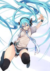 Rule 34 | 1girl, absurdly long hair, aqua hair, arm up, black thighhighs, blue eyes, covering privates, covering ass, floating hair, fu-ta, grin, hatsune miku, headphones, long hair, looking at viewer, nail polish, necktie, skirt, skirt tug, smile, solo, sweater vest, thighhighs, treble clef, twintails, very long hair, vocaloid