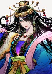 Rule 34 | 1girl, black hair, blue nails, chinese clothes, closed mouth, daji (hoozuki no reitetsu), earrings, fingernails, gem, hair ornament, hair over one eye, hand up, highres, hoozuki no reitetsu, jewelry, lipstick, long hair, looking at viewer, makeup, nail polish, one eye covered, pink sash, pointy ears, red gemstone, red lips, sash, simple background, sleeves past wrists, smile, tenobe, upper body, very long hair, white background, wide sleeves, yellow eyes