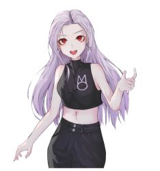 Rule 34 | 1girl, bad id, bad pixiv id, black pants, black shirt, blouse, cross, cross earrings, earrings, hand up, jewelry, leviathan (hikinito0902), long hair, looking at viewer, navel, open mouth, original, pants, purple hair, red eyes, shirt, simple background, sleeveless, sleeveless shirt, solo, white background