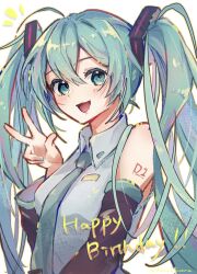 1girl :3 ahoge aqua_eyes aqua_hair aqua_nails aqua_necktie arm_at_side arm_tattoo bare_shoulders black_sleeves breasts collared_shirt detached_sleeves double-parted_bangs frilled_shirt_collar frills grey_shirt hair_between_eyes hair_ornament hand_up happy_birthday hatsune_miku highres long_hair looking_at_viewer nail_polish necktie notice_lines number_tattoo open_mouth outline shirt simple_background sleeveless sleeveless_shirt solo suama_(haruichi) tattoo three_quarter_view tongue twintails upper_body vocaloid w white_background yellow_outline