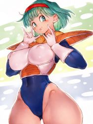 Rule 34 | 1girl, armor, bare legs, blue background, blue leotard, breastplate, breasts, bulma, cameltoe, closed mouth, covered erect nipples, covered navel, cowboy shot, curvy, dragon ball, dragonball z, fumio (rsqkr), gloves, green background, green eyes, green hair, hairband, highleg, highleg leotard, highres, large breasts, leotard, lips, long sleeves, nipples, saiyan armor, shiny skin, short hair, smile, solo, standing, thighs, white gloves, wide hips