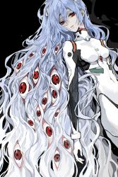 Rule 34 | 1girl, absurdres, ayanami rei, black background, blue hair, bodysuit, chinese commentary, collared bodysuit, commentary request, covered collarbone, covered navel, cowboy shot, evangelion: 3.0+1.0 thrice upon a time, expressionless, extra eyes, from above, gradient hair, hair between eyes, hairpods, highres, interface headset, long hair, looking at viewer, lying, multicolored hair, neon genesis evangelion, on back, parted lips, pilot suit, plugsuit, rebuild of evangelion, red eyes, simple background, solo, too many eyes, two-tone hair, very long hair, wavy hair, white bodysuit, white hair, yibei toseri
