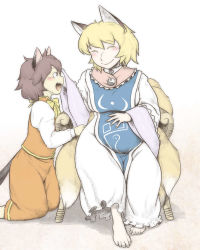 Rule 34 | 2girls, animal ears, barefoot, blonde hair, brown hair, cat tail, chair, chen, dress, fox ears, fox tail, hand on own stomach, highres, kneeling, leex, long sleeves, looking at another, multiple girls, multiple tails, pregnant, puffy long sleeves, puffy sleeves, short hair, sitting, skirt, skirt set, smile, tabard, tail, touhou, white dress, wide sleeves, yakumo ran
