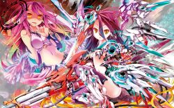 Rule 34 | 2girls, ass, breasts, cleavage, spiked halo, flat chest, halo, highres, jibril (no game no life), kamiya yuu, looking at viewer, mecha musume, mechanical parts, mechanical wings, multicolored hair, multiple girls, navel, no game no life, open mouth, pink hair, shuvi (no game no life), third-party edit, watermark, wings, yellow eyes