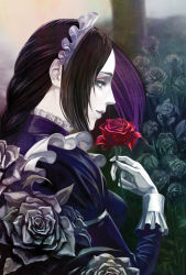Rule 34 | 1girl, black hair, braid, breasts, commentary request, fata morgana no yakata, flower, frills, from side, green eyes, high collar, holding, holding flower, juliet sleeves, long hair, long sleeves, maid, maid headdress, moyatarou, official art, pink eyeshadow, puffy sleeves, red flower, red rose, rose, single braid, the maid, white flower, white rose