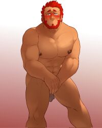 Rule 34 | 1boy, abs, bara, beard, blush, commentary, corrupted twitter file, covering crotch, covering privates, dark-skinned male, dark skin, english commentary, facial hair, fate/zero, fate (series), feet out of frame, full beard, gradient background, highres, iskandar (fate), large pectorals, looking at viewer, male focus, mature male, muscular, muscular male, nipples, nude cover, pectorals, red eyes, red hair, rick penman, short hair, shy, solo, standing, thick beard, thick eyebrows, thick thighs, thighs