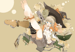 Rule 34 | 1girl, asymmetrical clothes, barefoot, book, boots, braid, feet, flat chest, hair over shoulder, hat, kuchibue, original, single shoe, single thighhigh, soles, solo, thighhighs, toes, twin braids, witch hat