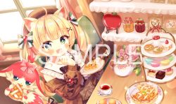 Rule 34 | + +, 1girl, :d, apple pie, blonde hair, blush, brown jacket, cake, collared shirt, commission, creature, cup, curtains, eating, flower, food, fork, frilled shirt collar, frills, green eyes, highres, holding, holding food, holding fork, holding plate, indoors, jacket, long hair, long sleeves, looking at viewer, macaron, mousse (food), open clothes, open jacket, open mouth, original, pie, pie slice, pink flower, pink rose, plate, puffy long sleeves, puffy sleeves, rose, sample watermark, saucer, shirt, skeb commission, smile, solo, spoon, strawberry shortcake, sunlight, table, tea, teacup, teapot, tiered tray, twintails, watermark, white shirt, window, wooden table, yata (yatao zzz)