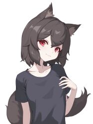 Rule 34 | 1girl, absurdres, animal ear fluff, animal ears, black shirt, breasts, brown hair, ellu, hand on own chest, highres, looking at viewer, original, red eyes, shirt, short sleeves, simple background, small breasts, smile, tail, white background