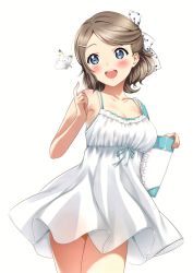 Rule 34 | 1girl, :d, absurdres, alternate hairstyle, bag, blue eyes, blush, bow, breasts, bug, butterfly, cleavage, dress, dress bow, hair between eyes, hair ornament, hair ribbon, hairclip, handbag, highres, insect, love live!, love live! school idol festival, love live! sunshine!!, medium breasts, open mouth, ribbon, sankuro (agoitei), scan, short hair, simple background, smile, solo, watanabe you, white background, white dress, | |