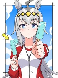 Rule 34 | 1girl, ahoge, animal ears, arrow (symbol), blue eyes, blush, breasts, closed mouth, cloud, commentary, double popsicle, food, grey hair, hachiko (kota091986), hair ornament, highres, holding, holding food, horse ears, jacket, long hair, long sleeves, looking at viewer, medium breasts, multicolored hair, oguri cap (umamusume), outstretched arm, popsicle, reaching, reaching towards viewer, red jacket, school uniform, shirt, solo, tracen school uniform, umamusume, upper body, white shirt
