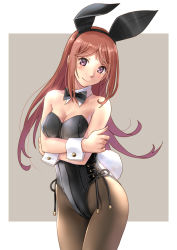Rule 34 | 1girl, animal ears, black bow, black bowtie, black leotard, border, bow, bowtie, breasts, brown eyes, brown hair, brown pantyhose, cleavage, collarbone, commentary request, cowboy shot, crossed arms, detached collar, fake animal ears, grey background, head tilt, highres, katahira masashi, leotard, long hair, looking at viewer, original, pantyhose, playboy bunny, rabbit ears, rabbit tail, small breasts, smile, solo, strapless, strapless leotard, tail, two-tone background, white border, wrist cuffs