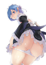 Rule 34 | 10s, 1girl, arms at sides, ass, back, blue eyes, blue hair, bow, butt crack, closed mouth, cowboy shot, detached sleeves, dress, flat ass, frills, from below, from side, hair ornament, hair over one eye, hair ribbon, hairband, looking at viewer, looking down, maid, matching hair/eyes, moebaka, one eye covered, panties, panty pull, pulled by self, purple ribbon, re:zero kara hajimeru isekai seikatsu, rem (re:zero), ribbon, shade, short hair, simple background, solo, thighhighs, underwear, undressing, upskirt, white background, white bow, white panties, white thighhighs, x hair ornament