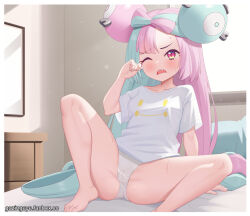 Rule 34 | 1girl, arm support, barefoot, blush, border, bow-shaped hair, cameltoe, character hair ornament, cleft of venus, collarbone, commentary, creatures (company), fanbox username, game freak, gazing eye, green hair, hair ornament, hand up, highres, indoors, iono (pokemon), knees, legs, long hair, multicolored hair, nintendo, on bed, one eye closed, panties, pink hair, pokemon, pokemon sv, raised eyebrow, rubbing eyes, sharp teeth, short sleeves, sitting, sleepy, solo, spread legs, sweat, teeth, toes, two-tone hair, underwear, watermark, web address, white border, white panties