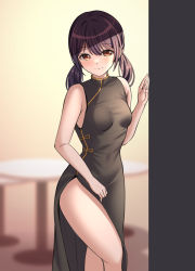 Rule 34 | 1girl, absurdres, armpit crease, bang dream!, bare arms, bare shoulders, black dress, black hair, blurry, blurry background, breasts, china dress, chinese clothes, closed mouth, commentary, covered navel, dress, feet out of frame, futaba tsukushi, hair between eyes, hand up, highres, indoors, light blush, looking at viewer, low twintails, medium hair, orange eyes, ptal, side slit, sleeveless, sleeveless dress, small breasts, smile, solo, standing, table, thighs, twintails