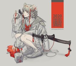 Rule 34 | 1girl, 2020, absurdres, animal ears, blunt bangs, chinese zodiac, chopsticks, eyeshadow, food, from behind, high tops, highres, holding, jacket, komiya kuniharu, limited palette, looking at viewer, makeup, mouse ears, nail polish, neckerchief, original, oyster pail, pale skin, pleated skirt, sailor collar, school uniform, serafuku, sheath, sheathed, shoes, short hair, skirt, smile, sneakers, solo, spot color, squatting, sword, takeout container, tassel, watermark, weapon, web address, white theme, year of the rat, yellow eyes, yellow nails