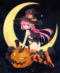 Rule 34 | 1girl, :d, ass, black gloves, cape, crescent moon, gloves, halloween, hat, highres, jack-o&#039;-lantern, long hair, looking at viewer, moon, mou tama maru, open mouth, original, pink hair, pointy ears, sky, slit pupils, smile, smoke, solo, star (sky), starry sky, striped clothes, striped thighhighs, thighhighs, witch, witch hat