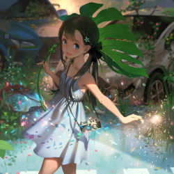 Rule 34 | 1girl, :d, black hair, blue eyes, blush, braid, camera, car, cowboy shot, dress, fireworks, flat chest, flower, frog, from side, grey dress, hair flower, hair ornament, highres, holding, holding fireworks, lexus, long hair, looking at viewer, looking to the side, motor vehicle, open mouth, original, outdoors, redrawn, short dress, smile, solo, sparkler, standing, sundress, toyota, twintails, vofan