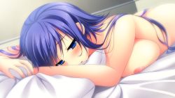 Rule 34 | 1girl, atou subaru, bed, blue eyes, blue hair, blush, breast press, breasts, chuablesoft, game cg, highres, huge breasts, kunai uri, long hair, looking away, lying, matching hair/eyes, nipples, noblesse of rouge, nude, on stomach, pillow, solo