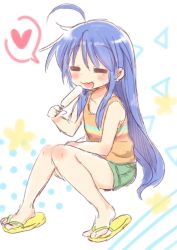 Rule 34 | 1girl, :3, ahoge, bare legs, barefoot, blue hair, blush, closed eyes, collarbone, commentary request, eating, food, full body, green shorts, hand up, heart, izumi konata, long hair, lucky star, mole, mole under eye, open mouth, orange shirt, popsicle, sandals, shirt, shorts, sitting, sketch, smile, solo, tatsunokosso, very long hair, white background