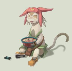 Rule 34 | 10s, alien, bad id, bad pixiv id, cat, cat tail, fang, food, full body, hat, lowres, meow (space dandy), noodles, ramen, samidaro, sitting, solo, space dandy, tail