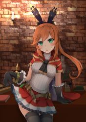Rule 34 | 10s, 1girl, belt, black gloves, black thighhighs, blush, bracelet, breasts, brown hair, candle, cape, clarisse (granblue fantasy), clothes lift, female focus, frilled gloves, frills, gloves, granblue fantasy, green eyes, hair ribbon, highres, jewelry, long hair, looking at viewer, myumyutain, ponytail, ribbon, skirt, skirt lift, sleeveless, smile, solo, test tube, thighhighs, turtleneck