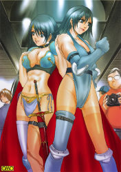 Rule 34 | 2girls, abs, breasts, cape, cleavage, elbow gloves, gloves, green hair, large breasts, multiple girls, omc, pantyhose, sword, weapon
