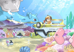 Rule 34 | 1girl, air bubble, brown eyes, brown hair, bubble, camera, clamperl, commentary request, creatures (company), female protagonist (new pokemon snap), finneon, game freak, gen 1 pokemon, gen 3 pokemon, gen 4 pokemon, holding, holding camera, lapras, light beam, luvdisc, morisawa machi, new pokemon snap, nintendo, open mouth, orange headwear, pokemon, pokemon (creature), short sleeves, smile, teeth, underwater, upper teeth only, visor cap, water surface, wristband