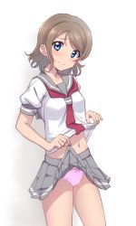 Rule 34 | 10s, 1girl, bad id, bad pixiv id, blue eyes, blush, bow, bow panties, brown hair, clothes lift, lifted by self, looking at viewer, love live!, love live! sunshine!!, navel, panties, pink panties, pleated skirt, school uniform, serafuku, short hair, skirt, skirt lift, smile, solo, underwear, upskirt, watanabe you, white background, wokami