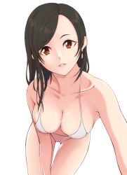 Rule 34 | 1girl, bare arms, bare shoulders, bent over, bikini, black hair, breasts, cleavage, collarbone, earrings, egooo, final fantasy, final fantasy vii, jewelry, large breasts, long hair, looking at viewer, outstretched arm, parted lips, pink lips, red eyes, solo, swept bangs, swimsuit, thigh gap, tifa lockhart, white bikini