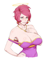 Rule 34 | 1girl, bare shoulders, breasts, commentary, dress, earrings, freckles, green eyes, halo, hand on own hip, hand on own chest, hoop earrings, huge breasts, jewelry, looking at viewer, materclaws, necklace, no bra, parted lips, pink hair, purple dress, rubi (wings of vi), short hair, simple background, smile, solo, upper body, white background, wings of vi
