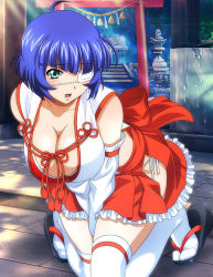 Rule 34 | 1girl, alternate costume, between legs, blue hair, breasts, cleavage, collarbone, day, detached sleeves, eyepatch, green eyes, hakama, hakama skirt, hand between legs, ikkitousen, japanese clothes, kimono, kneeling, large breasts, leaning forward, long sleeves, mole, mole under mouth, open mouth, outdoors, panties, red hakama, ribbon, ryomou shimei, short hair, side-tie panties, skirt, sleeveless, sleeveless kimono, solo, sunlight, tabi, thighhighs, torii, underwear, white kimono, white ribbon, white sleeves, white thighhighs, zettai ryouiki