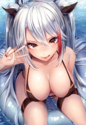Rule 34 | 1girl, :q, antenna hair, azur lane, bare shoulders, bikini, black bikini, black ribbon, blush, breasts, brown eyes, cleavage, collarbone, covered erect nipples, cross, day, flag print, german flag bikini, hair between eyes, highres, innertube, iron cross, large breasts, long hair, looking at viewer, multicolored hair, nail polish, ntk (7t5), outdoors, partially submerged, prinz eugen (azur lane), prinz eugen (unfading smile) (azur lane), red hair, red nails, ribbon, silver hair, sitting, skindentation, smile, solo, streaked hair, swept bangs, swim ring, swimsuit, thigh strap, tongue, tongue out, two side up, v, v-shaped eyebrows, very long hair, water, wet