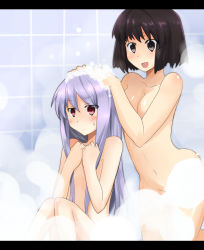 Rule 34 | 2girls, :&lt;, :d, age difference, akatoro (nightlord), bathing, bathroom, black eyes, black hair, blush, breasts, covering breasts, covering privates, flat chest, frown, knees together feet apart, letterboxed, light purple hair, long hair, multiple girls, navel, nude, nude cover, open mouth, original, red eyes, same-sex bathing, shared bathing, short hair, sitting, smile, soap, steam, sweatdrop, washing hair