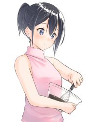 Rule 34 | 1girl, bad id, bad twitter id, bare arms, bare shoulders, black hair, blue eyes, blush, bowl, chocolate, closed mouth, commentary request, cooking, hair between eyes, highres, holding, original, pink sweater, ponytail, short hair, simple background, sleeveless, smile, solo, standing, suzunari shizuku, sweater, turtleneck, white background, yuki arare