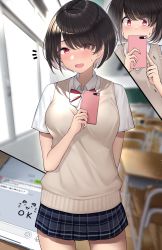 Rule 34 | 1girl, absurdres, arm behind back, black hair, black skirt, blurry, blurry background, blush, bow, bowtie, breasts, cellphone, classroom, commentary request, hair over one eye, highres, holding, holding phone, kaku yone, looking at viewer, medium breasts, open mouth, original, parted bangs, phone, plaid, plaid skirt, red bow, red bowtie, red eyes, school uniform, short hair, short sleeves, skirt, solo, standing, translation request
