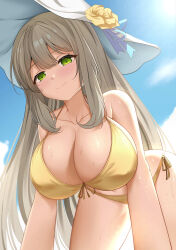 Rule 34 | 1girl, absurdres, all fours, bellfud, bikini, blue archive, blush, breasts, cleavage, cloud, cloudy sky, collar, commentary, day, flower, from below, front-tie top, hat, hat flower, highres, huge breasts, light brown hair, long hair, looking at viewer, nonomi (blue archive), nonomi (swimsuit) (blue archive), outdoors, sky, smile, sun hat, sweat, swimsuit, yellow bikini