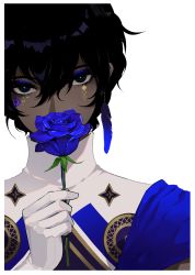Rule 34 | 1boy, arjuna (fate), bishounen, black hair, blue eyes, blue feathers, blue flower, blue rose, border, covering own mouth, dark-skinned male, dark skin, eyeshadow, facial mark, fate/grand order, fate (series), feathers, flower, gloves, hair between eyes, head tilt, highres, holding, holding flower, jacket, lam (ramdayo), looking at viewer, makeup, male focus, rose, simple background, solo, turtleneck, upper body, white background, white border, white gloves, white jacket