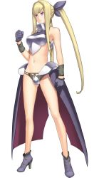 Rule 34 | ar tonelico, ar tonelico iii, armor, bikini armor, blonde hair, bow, breastplate, crotch plate, frown, gloves, gust, hair bow, hair ribbon, high heels, highres, legs, long hair, midriff, nagi ryou, navel, official art, ponytail, purple eyes, ribbon, sakia-rumei, shoes, simple background, solo, standing, transparent background, twintails