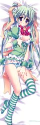 Rule 34 | 1girl, absurdres, bed, bed sheet, blue eyes, blush, bow, bow panties, breasts, cleavage, clothes lift, dakimakura (medium), dress, dress lift, from above, full body, green hair, green panties, green thighhighs, highres, hinamatsuri touko, legs, looking at viewer, lying, melon-chan, melonbooks, on back, on bed, open clothes, open dress, panties, panty pull, socks, solo, striped clothes, striped panties, striped socks, striped thighhighs, thighhighs, twintails, underwear, white panties, white socks, white thighhighs, wrist cuffs