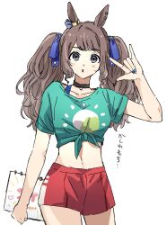 Rule 34 | 1girl, :o, animal ears, arm at side, arm up, black eyes, blue nails, blush, breasts, brown hair, choker, cowboy shot, enu (brandnewday02), green shirt, highres, horse ears, long hair, looking at viewer, m/, midriff, multicolored nails, navel, red shorts, shirt, short sleeves, shorts, simple background, small breasts, solo, tied shirt, tosen jordan (umamusume), translation request, twintails, umamusume, white background