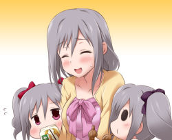 Rule 34 | 10s, 3girls, drill hair, idolmaster, idolmaster cinderella girls, kanzaki ranko, mother and daughter, multiple girls, open mouth, red eyes, silver hair, smile, twin drills, twintails, uraichishi