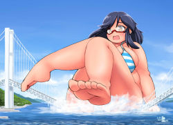 Rule 34 | 1girl, barefoot, bikini, black hair, breasts, bridge, day, destruction, fat, feet, giant, giantess, glasses, large breasts, long hair, mikomu, open mouth, original, plump, solo, striped bikini, striped clothes, swimsuit, thick thighs, thighs, water, yellow eyes