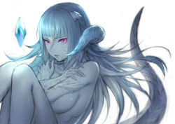 Rule 34 | 10s, 1girl, absurdres, aoi momo, au ra, bad id, bad pixiv id, blue hair, blue skin, breasts, colored skin, crystal, diamond (gemstone), dragon girl, dragon horns, dragon tail, facial mark, female focus, fetal position, final fantasy, final fantasy xiv, forehead mark, glowing, glowing eyes, highres, hime cut, horns, large breasts, lips, long hair, looking at viewer, monochrome, nude, parted lips, purple eyes, scales, simple background, solo, tail