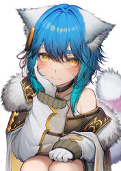 Rule 34 | 1girl, absurdres, animal ears, aqua hair, blue hair, closed mouth, commentary request, commission, copyright request, fang, fur-trimmed jacket, fur trim, gloves, hair between eyes, highres, jacket, long sleeves, looking at viewer, multicolored hair, purple hair, skeb commission, skin fang, smile, solo, squatting, tab head, tail, virtual youtuber, white gloves, white jacket, yellow eyes