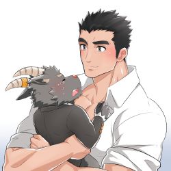 Rule 34 | 2boys, bara, black hair, collared shirt, creature, crying, formal, furry, furry male, goat boy, goat horns, grey suit, holding, holding creature, horns, male focus, protagonist 3 (housamo), multiple boys, muscular, muscular male, pectoral cleavage, pectorals, salomon (housamo), shirt, short hair, sideburns, smile, suit, tears, thick eyebrows, tokyo houkago summoners, whaledragon, white background